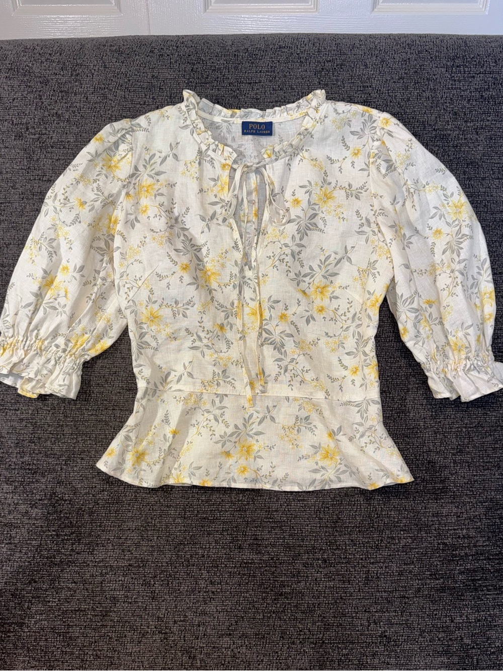 Polo Ralph Lauren White Floral Peplum Tie-Neck Blouse